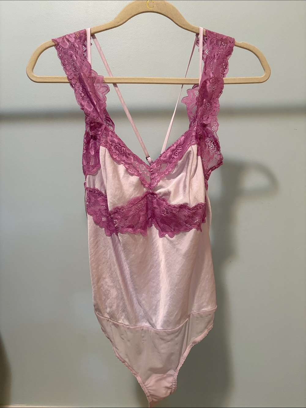 Intimately by Free People Lace Trim Satin Bodysuit in Light Pink and Magenta